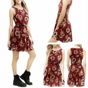 Grunge Y2k Iris Red Wine Floral belted Fit & Flare Sleeveless Knit Dress Small
